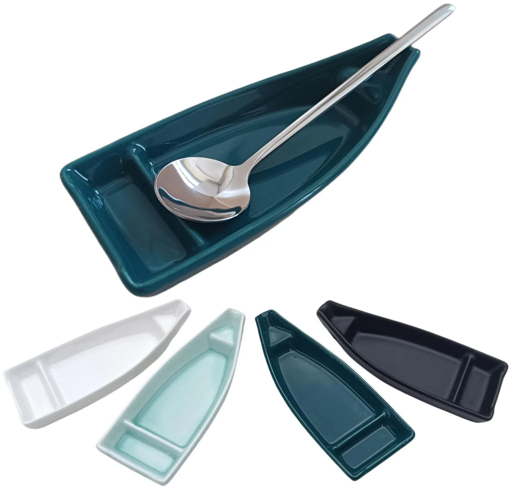 Coffee Spoon and Rest for Coffee Bar Accessories Boat Small Spoon Rest for Coffee Station Coffee Spoon Holder for Coffee Tea Spoon Rest Teaspoon Rest 1 PC (Round Spoon with Dark Green Spoon Rest)