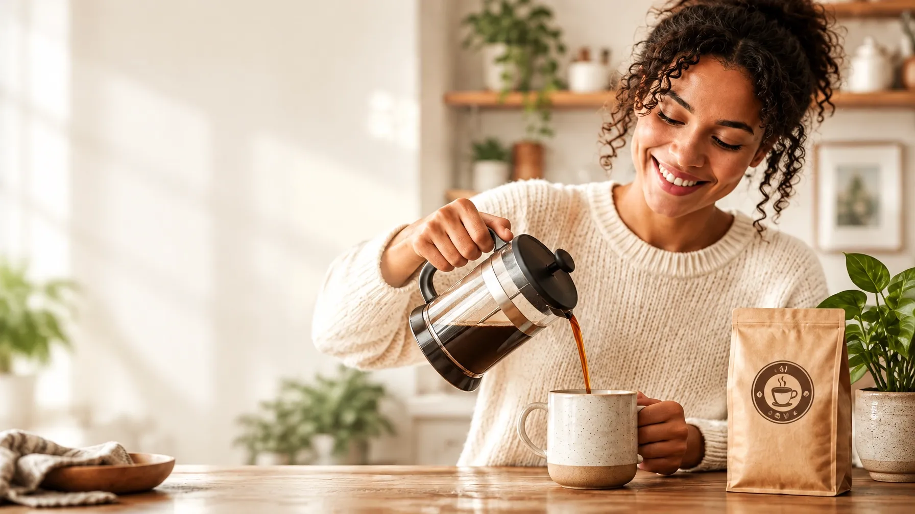 A coffee lover pouring fresh coffee into a mug at home